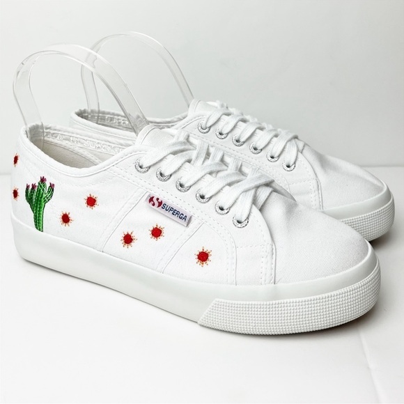 Superga X Chicas Latina Embroidered Sneakes 8 white canvas platform cactus shoes - Picture 4 of 12
